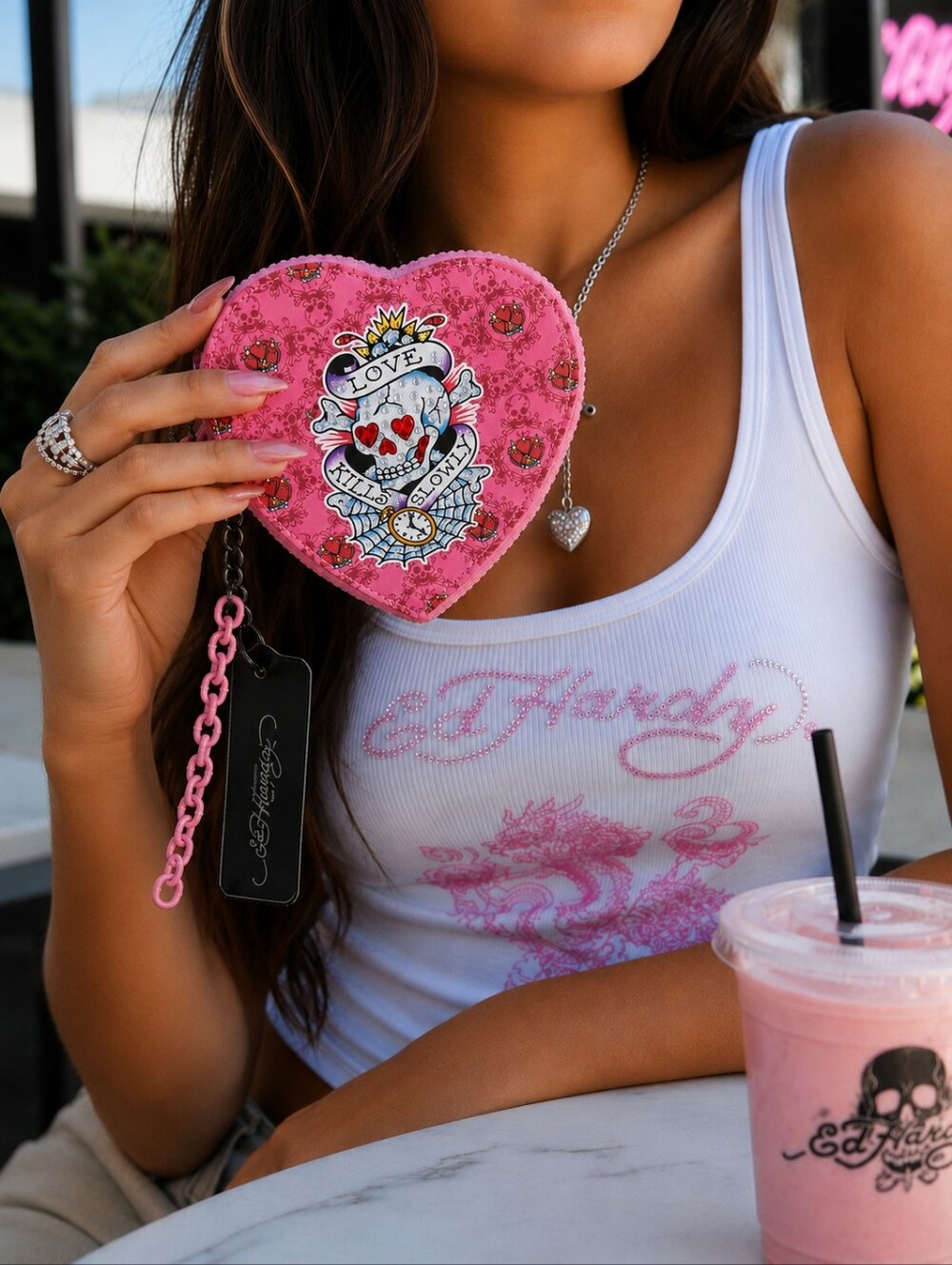 Ed Hardy Pink Heart Coin Purse Wristlet "Love Kills Slowly" NWT